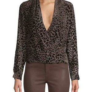 L'AGENCE Lydia Drape Front NWT Espresso Leopard Spot Burnout Velvet Blouse Sz‎ S